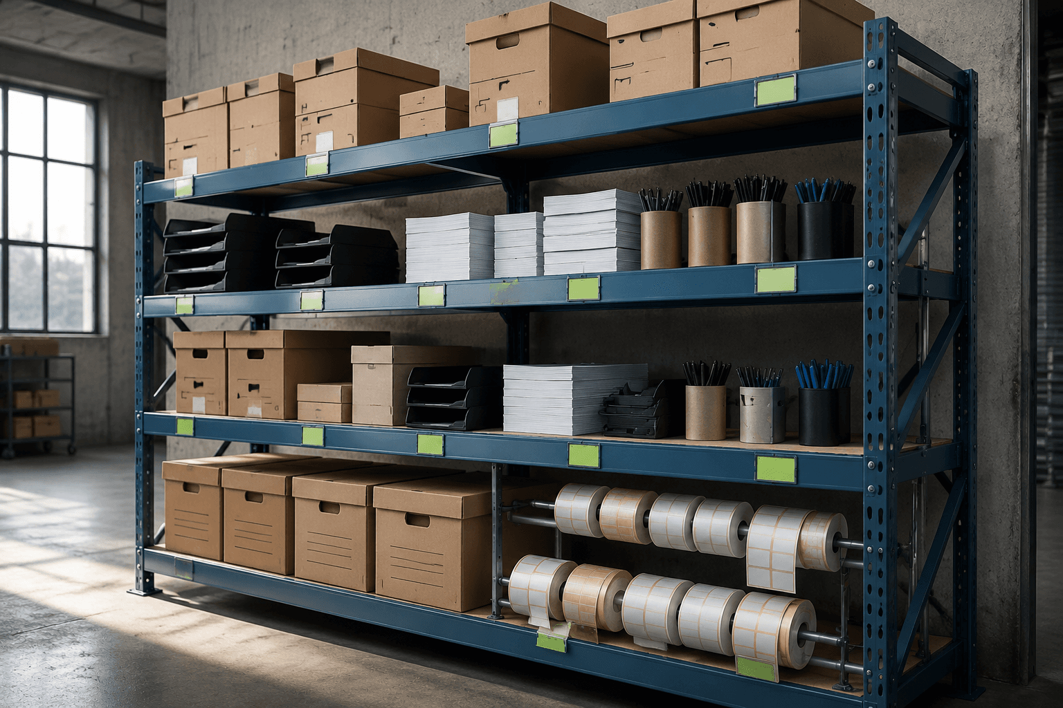 Steel-blue warehouse racking stocked with kraft archive boxes, desk trays, pens and label rolls